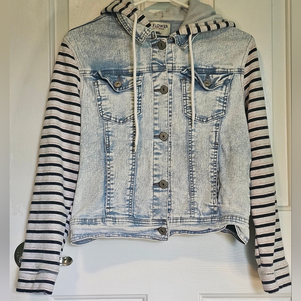 Wallflower Denim Hoodie Jacket with Striped Sleeves Junior's Sz L